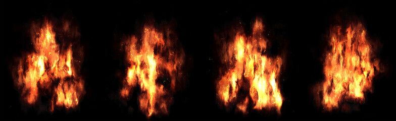 Fire and flame on dark background.Set of 4 fires on a long background.