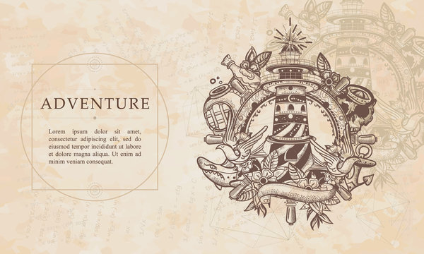 Adventure. Lighthouse. Sea adventure. Beacon, steering wheel, shark, anchor. Renaissance background. Medieval manuscript, engraving art