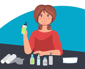 hand made antiseptic for the virus. Make yourself an antiseptic, mask, dressings for the safety of isolation from coronavirus. Quarantine at home. vector illustration