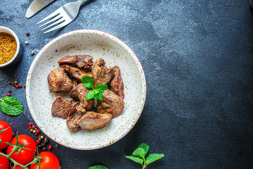 liver cream stew, creamy sauce (chicken liver, healthy diet eating) keto or paleo diet
menu concept background. top view. copy space for text