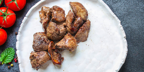 liver cream stew, creamy sauce (chicken liver, healthy diet eating) keto or paleo diet
menu concept background. top view. copy space for text