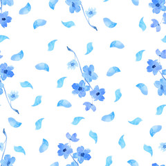 Watercolor seamless pattern with blue sakura sprigs on a white background. Spring fresh print with flowers and petals.
