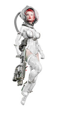astronaut girl vintage floating and holding a laser gun on white background © DM7