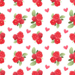 Watercolor pattern with red velvet spray with cherry blossoms on a white background. Vintage print with red buds and hearts.