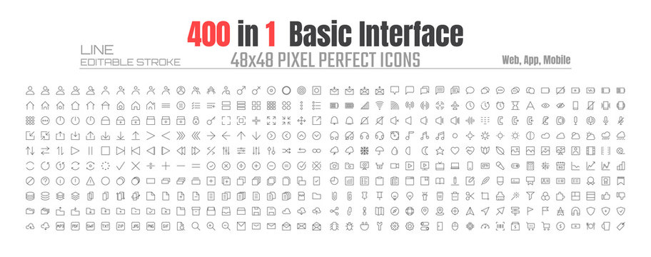 48x48 Pixels Perfect User Interface Basic Simple Set Thin Line Icons. People User Profile, Message, Document file, Call, Music, Camera, Arrow, Chat, Button, Shop, Home, App, Web, etc. Editable Stroke 