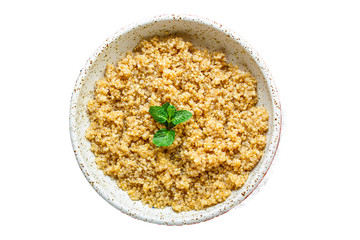 Cooked quinoa, boiled cereal porridge (healthy diet eating) keto or paleo diet
 menu concept background. top view. copy space for text