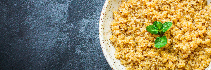 Cooked quinoa, boiled cereal porridge (healthy diet eating) keto or paleo diet
 menu concept background. top view. copy space for text