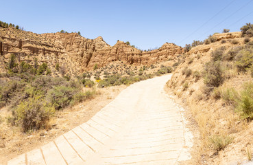 a pedestrian path through Carcavas de Marchal natural monument, Marchal (Guadix), province of Granada, Andalusia, Spain