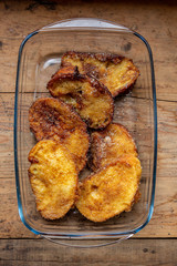 Homemade French toast, with egg, sugar, cinnamon, milk and olive oil