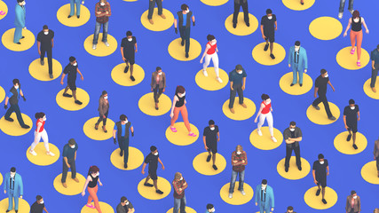 3d Rendering. Social Distancing, People keep distance in public society people to protect virus.coronavirus outbreak spreading concept ,wearing protective mask for prevent virus Covid-19. 