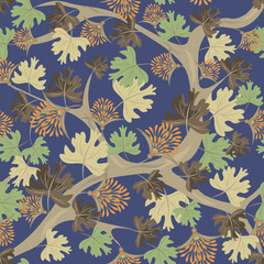 Vintage floral texture. Vector seamless pattern with fantasy plants, purple and green leaves, branches, flowers on blue background. Abstract botanical ornament, natural wallpapers. Repeatable design
