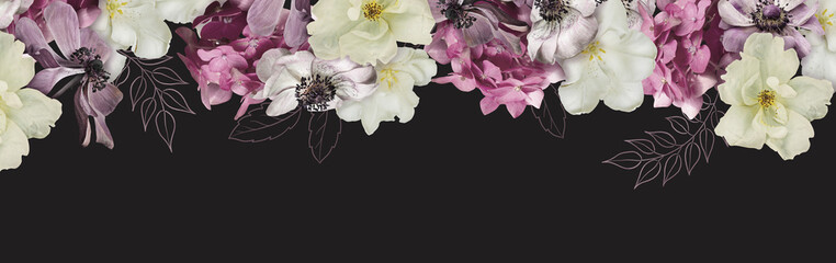 Floral banner, header with copy space. White roses, purple anemone, pink hydrangea and hand drawn...