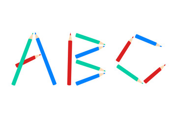 Letters ABC spelt using colour pencils, vector illustration