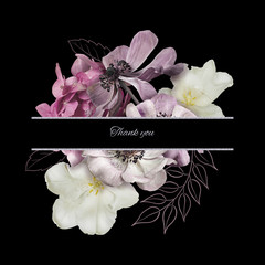 Vintage bouquet of garden flowers. White roses, purple anemone, pink hydrangea and hand drawn leaves isolated on dark background. Floral card with copy space.