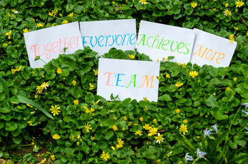 Team definition concept explained as together everyone achieves more handwritten on cardboard sheets placed on a garden floor background