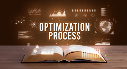 OPTIMIZATION PROCESS inscription coming out from an open book, creative business concept