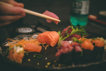 Sushi with chopsticks