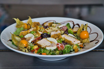 Gemischter Bio Salat Teller mit Hühnchenstreifen, Tomaten, Eier, Paprika, Feldsalast, Balsamico...