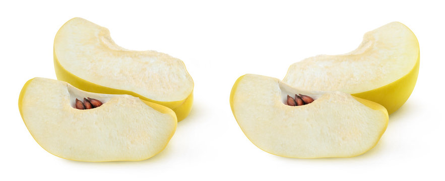 Isolated quinces. Two images of quince fruit slices isolated on white background