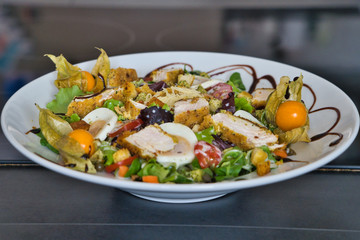 Gemischter Bio Salat Teller mit Hühnchenstreifen, Tomaten, Eier, Paprika, Feldsalast, Balsamico und Croutons, Produktbild