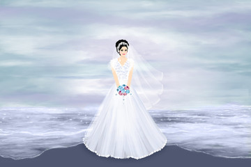 Fototapeta na wymiar Beautiful bride in a white dress on a landscape background