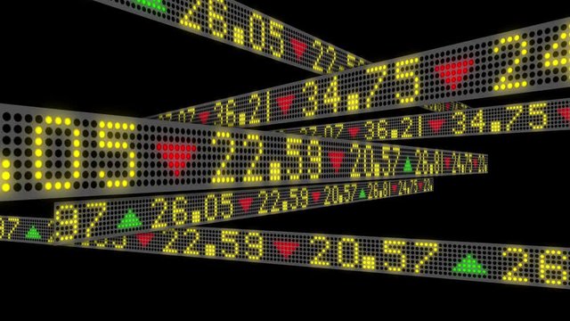 4K Stock market collapse concept with tickers sliding and then dissolving leaving the boards empty.