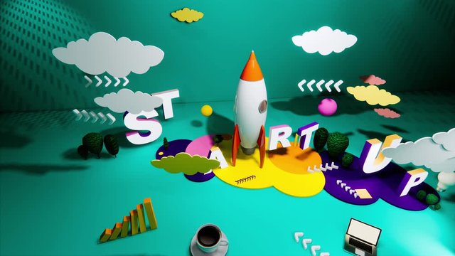 Start up idea business concept. Rocket  on colour background..Low Poly Rocket Animation, new business project development and launch innovation product on market.3D Rendering