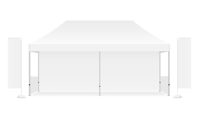 Outdoor rectangular canopy tent with two sided banner flags. Vector illustration