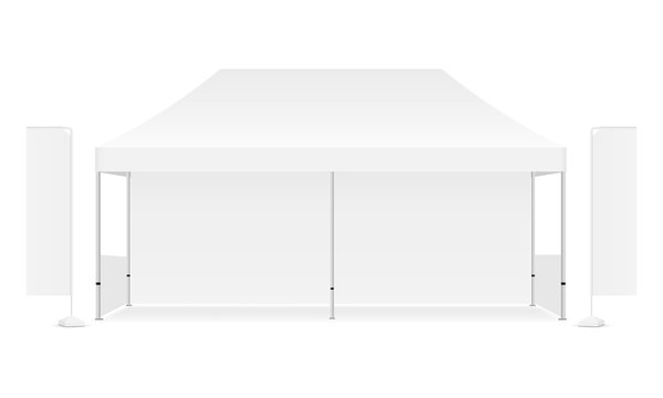 Outdoor rectangular canopy tent with two sided banner flags. Vector illustration