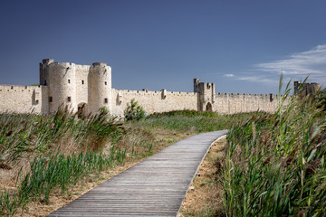 Fototapeta na wymiar Wooden path across reeds and medieval city walls of Aigues-Mortes on background. Camargue, France