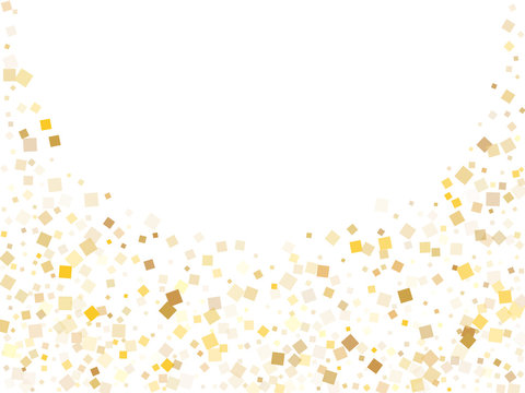 Metalic gold square confetti sparkles flying on white. Luxurious holiday vector sequins background. Gold foil confetti party glitter texture. Overlay sparkles party background.