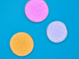 Top view of three chemical bowl with polymer granules