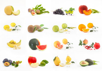 Composition of various fruits on white background. Set of different fruits. Healthy food concept.