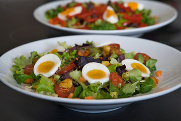 Gemischter Bio Salat Teller mit Tomaten, Eier, Schinken und Croutons, Produktbild