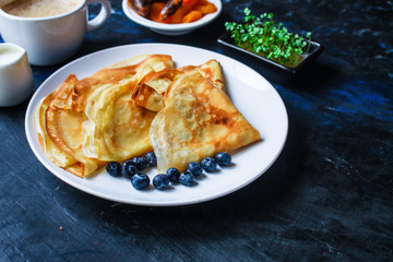 crepes Tasty dessert thin pancakes, healthy breakfast menu concept. background. top view. copy space for text