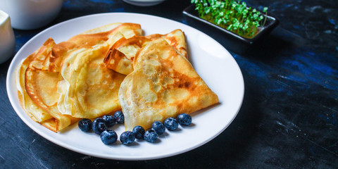 crepes Tasty dessert thin pancakes, healthy breakfast menu concept. background. top view. copy space for text