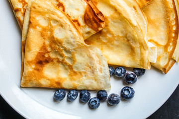 crepes Tasty dessert thin pancakes, healthy breakfast menu concept. background. top view. copy space for text