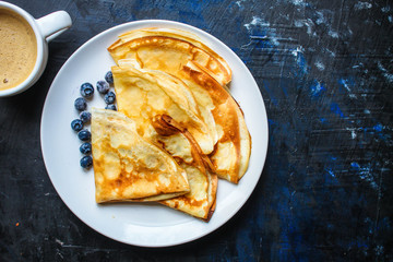 crepes Tasty dessert thin pancakes, healthy breakfast menu concept. background. top view. copy space for text