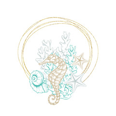 Seahorse sketch in gold geometric crystal line frame, vector arrangement design. Ocean seashell and coral engraving in golden border with foil texture, marine underwater design in hand drawn hatching
