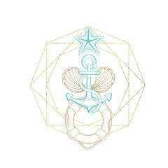 Marine anchor and buoy sketch logo in gold geometric crystal thin line frame, vector arrangement design. Ocean symmetric seastar shell. Engraving in golden border with foil texture, marine underwater