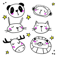 Animals head doodle set on white background.Vector illustration. Sketch for tattoo or coloring book. Pets collection. EPS