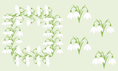 Frame of flowers snowdrop. Spring delicate flowers on a green background. Basic design for cards, invitations, and greetings.
