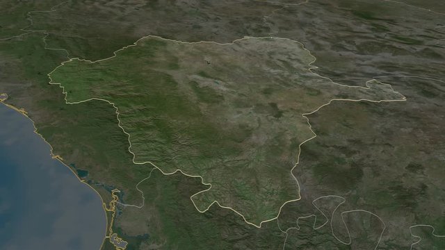 Durango, state with its capital, zoomed and extruded on the satellite map of Mexico in the conformal Stereographic projection. Animation 3D