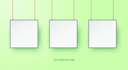 Square photo frames mock-up template on green. Copy space on right.