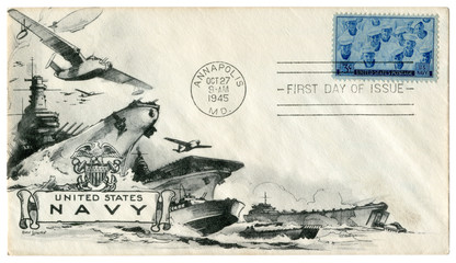 Annapolis, Maryland, The USA, 27 October 1945: US historical envelope: cover with a patriotic cachet United States Navy. American power in the Pacific
