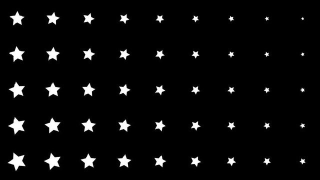 Dynamic composition with white stars scaling at black background. Vintage pattern animation.