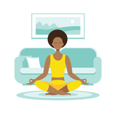 A dark-skinned girl meditates at home in a lotus position, practices yoga. Vector stock illustration in flat style.