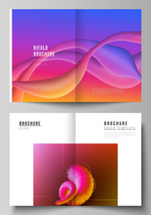 Vector layout of two A4 format modern cover mockups design templates for bifold brochure, flyer, booklet. Futuristic technology design, colorful backgrounds with fluid gradient shapes composition.