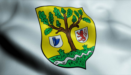 3D Waving Germany City Coat of Arms Flag of Waldbrol Closeup View