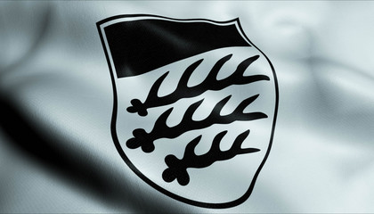 Fototapeta premium 3D Waving Germany City Coat of Arms Flag of Waiblingen Closeup View